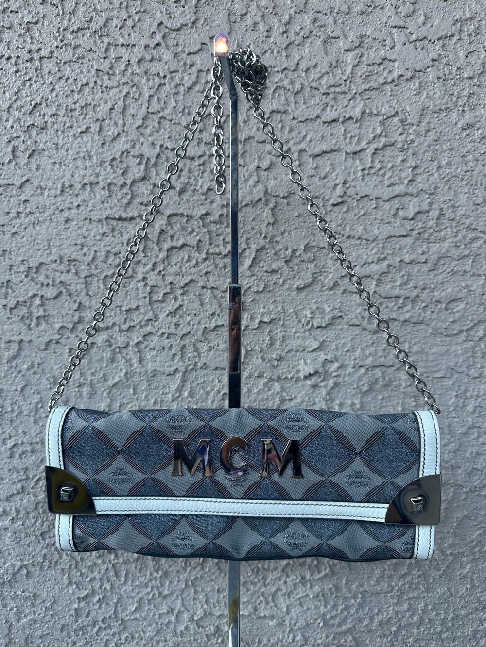 MCM Gray Monogram Clutch/crossbody with White Trim and Silver Chain